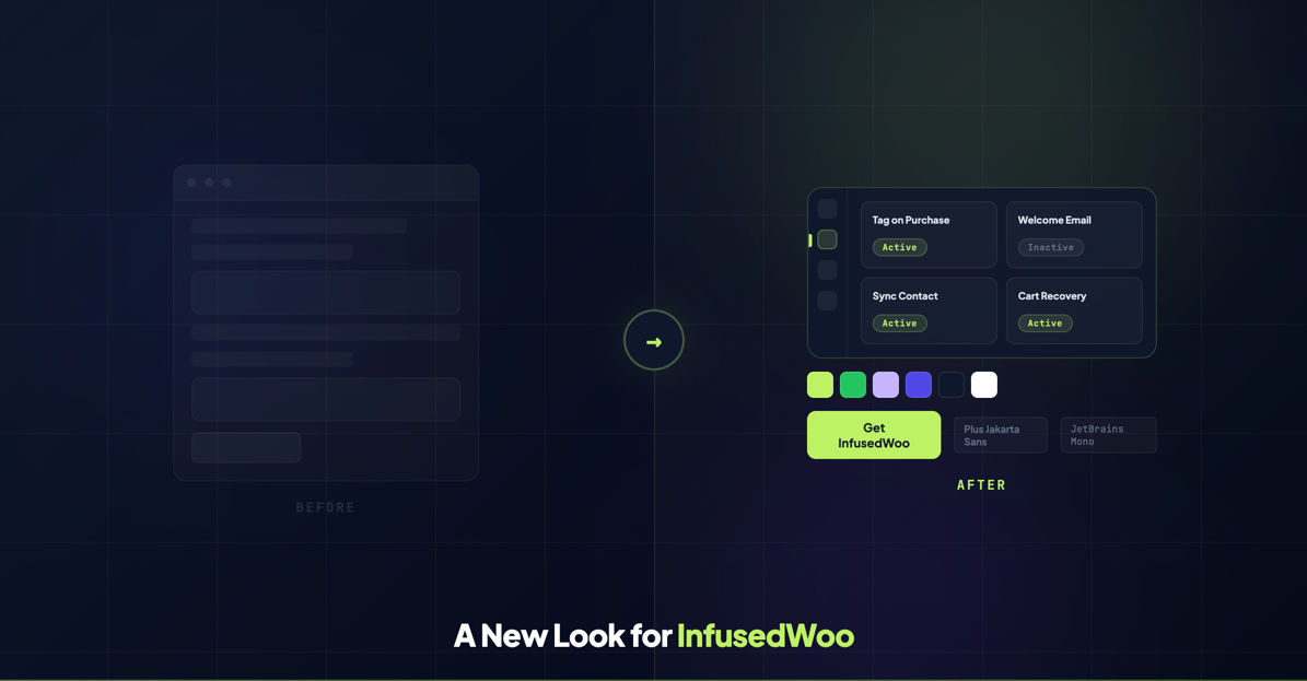 The new InfusedWoo website displayed on a laptop with the dark theme and lime green accents