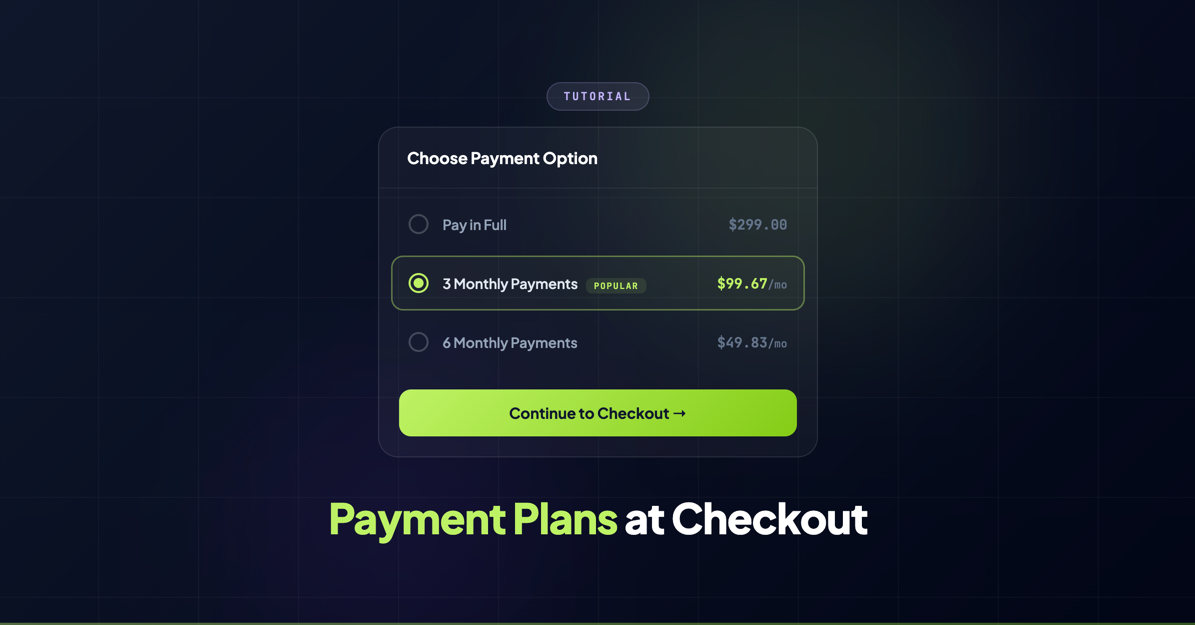 WooCommerce checkout page showing payment plan options for a high-ticket product