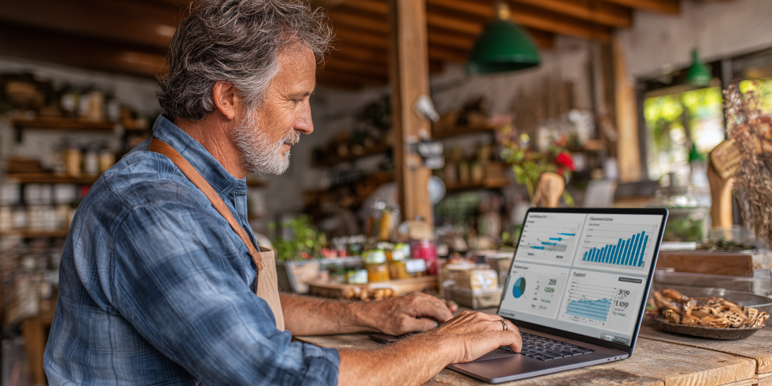 A WooCommerce store owner reviewing customer data on a laptop with CRM dashboards visible