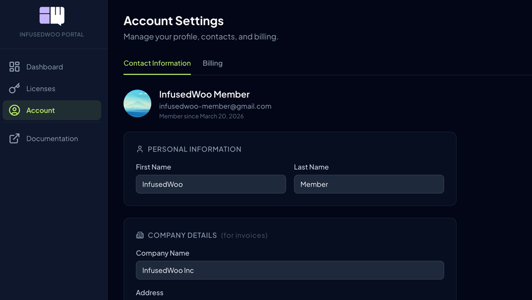 Account page showing profile, company, and payment sections