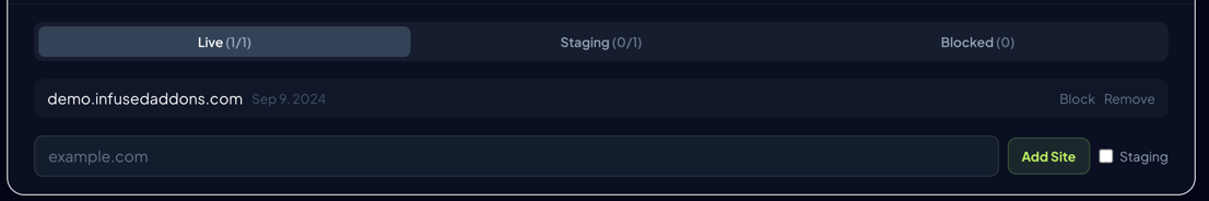 Live sites tab showing activated domains with block and remove buttons