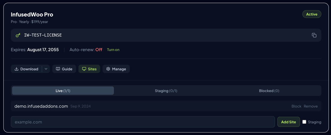 Sites panel showing live, staging, and blocked tabs with domain list