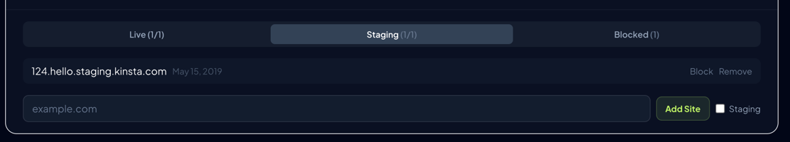 Staging sites tab showing a site with pending approval badge
