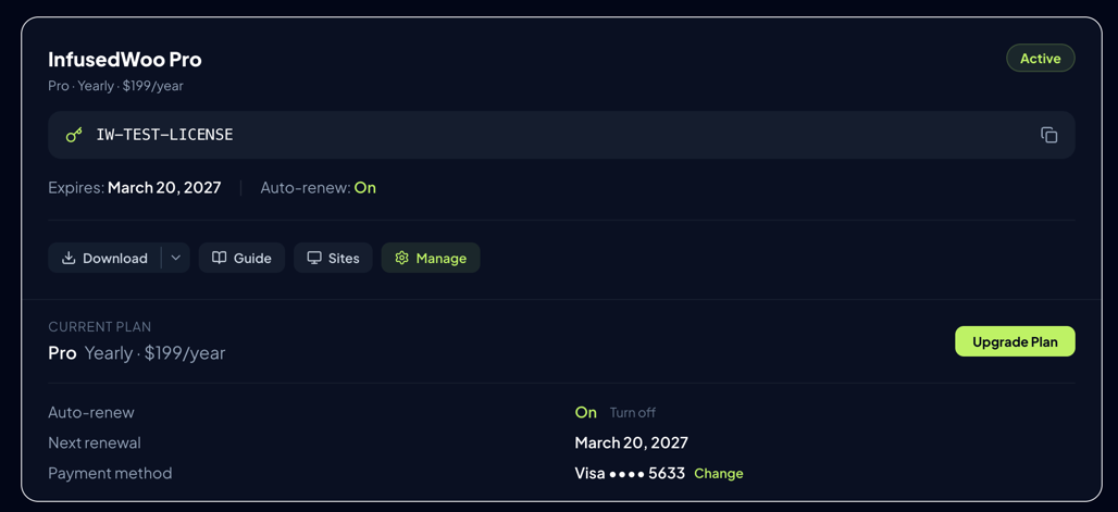 License card showing action buttons: Download, Guide, Sites, Manage