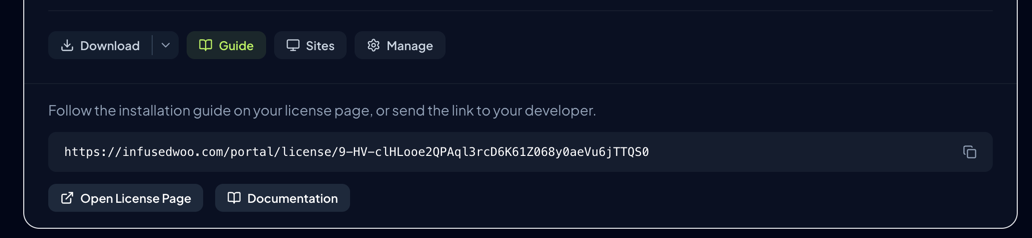 Guide panel showing the shareable license page URL with copy and open buttons