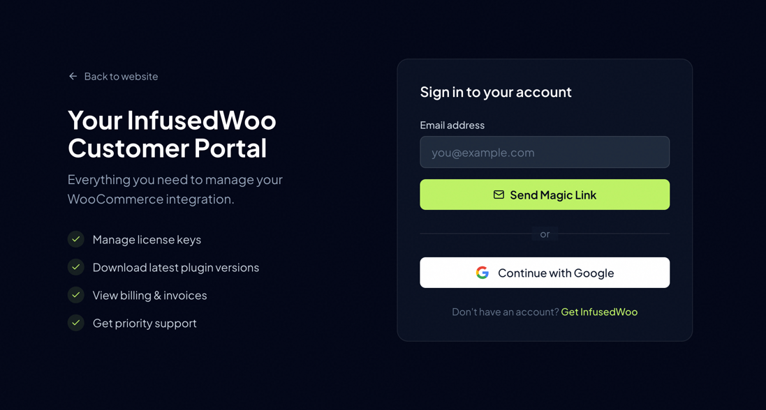 Portal login page with email input and Google sign-in button