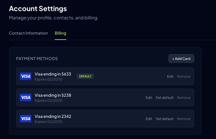 Payment methods section showing saved cards with default badge
