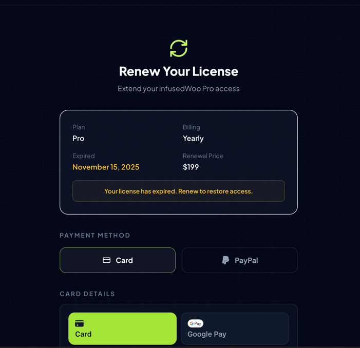 Renew page showing payment options and coupon field