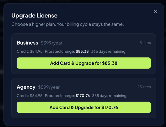 Upgrade modal showing available plans with prorated prices