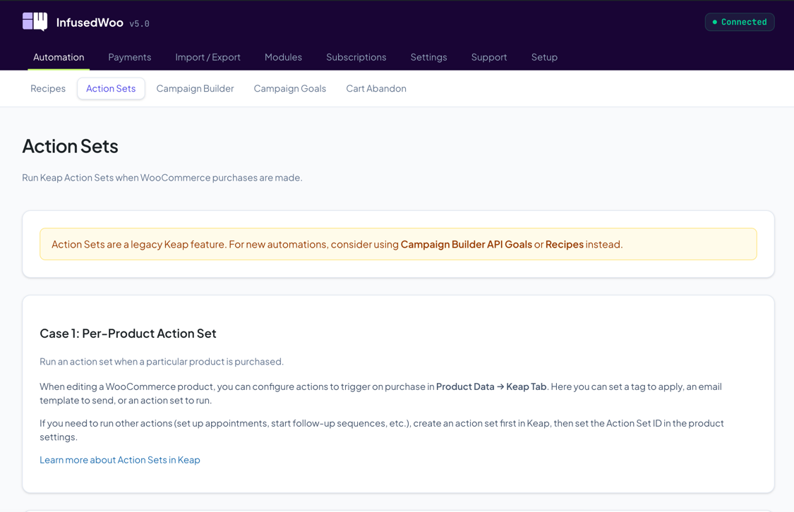 Action Sets page showing the two cases