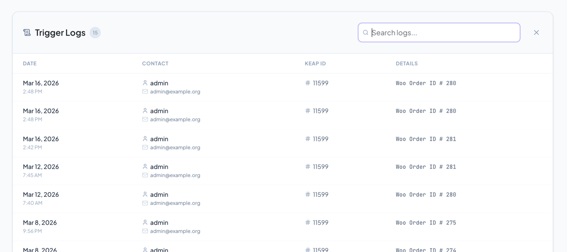 Trigger logs panel showing a few log entries with the search field