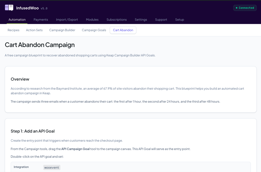 Cart Abandon page showing the overview and step cards