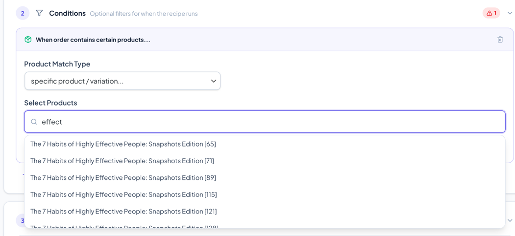 Product condition expanded showing the match type dropdown and product search
