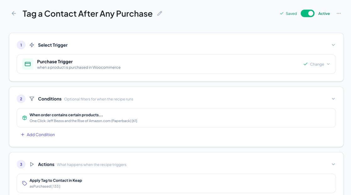 Recipe editor showing all three steps with a trigger, condition, and action configured