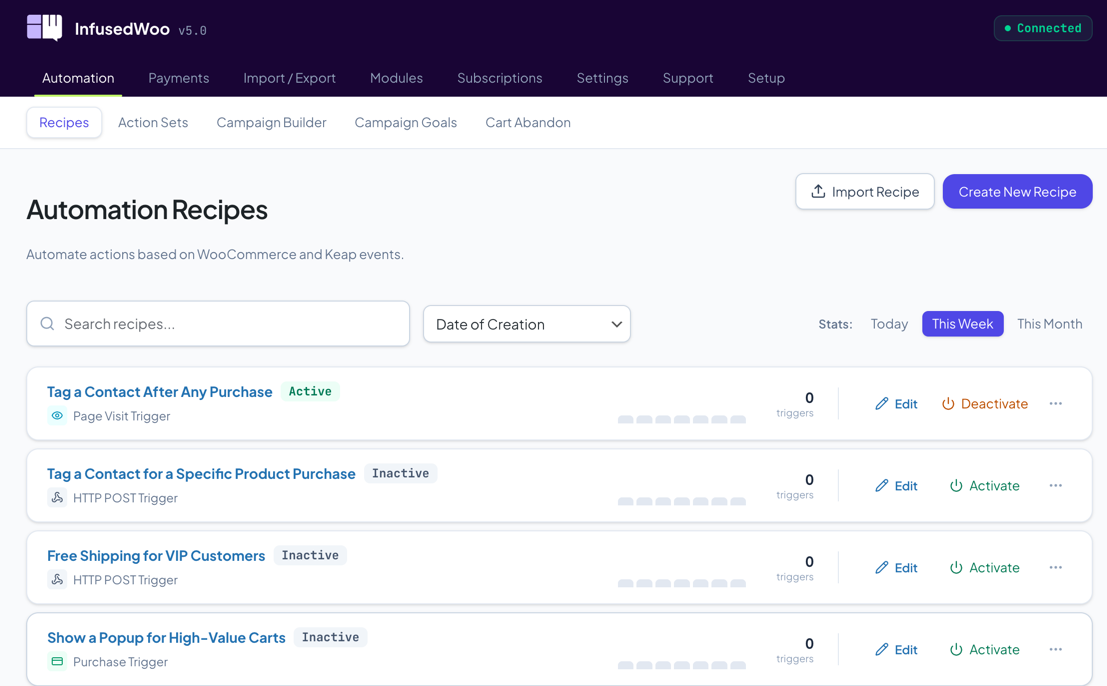 Recipe list page showing several recipes with Active and Inactive status badges
