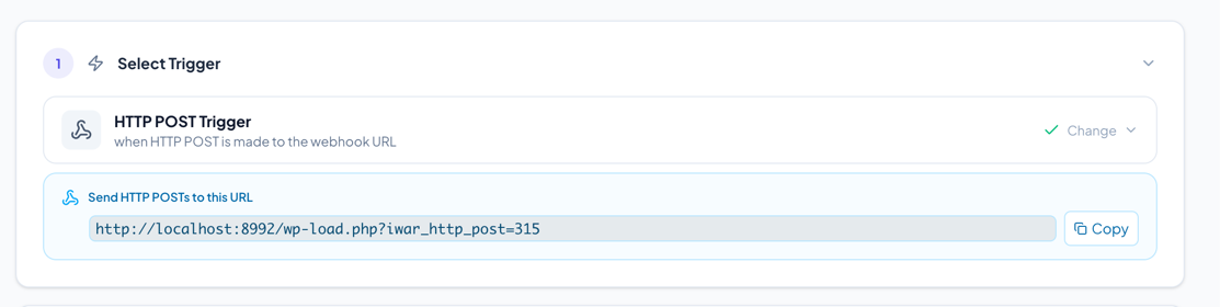 HTTP POST trigger selected showing the webhook URL with copy button