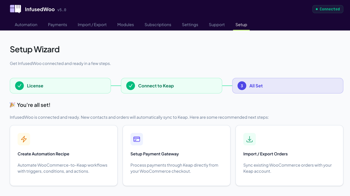 All Set step showing the three recommendation cards