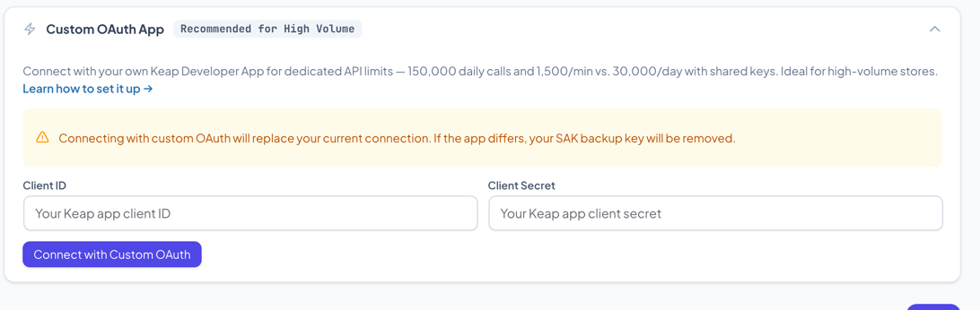 Custom OAuth section expanded showing Client ID and Secret fields