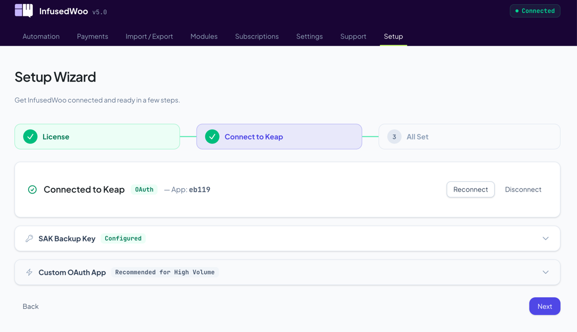 Header showing the green Connected badge