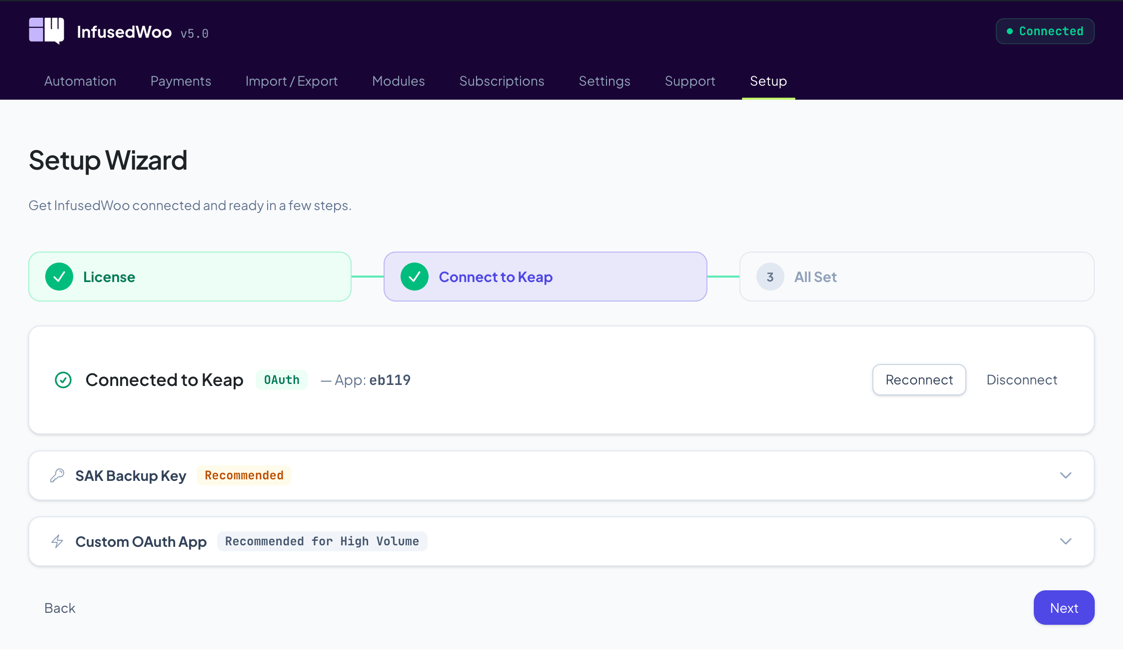 Connected state showing green check, OAuth badge, and app name