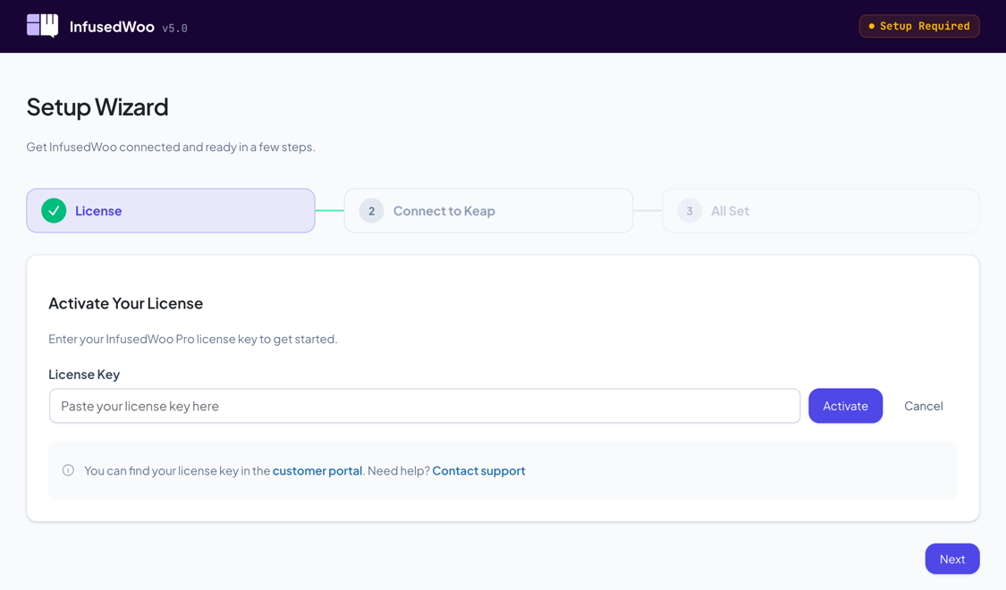 License step with the key input field, Activate button, and customer portal link