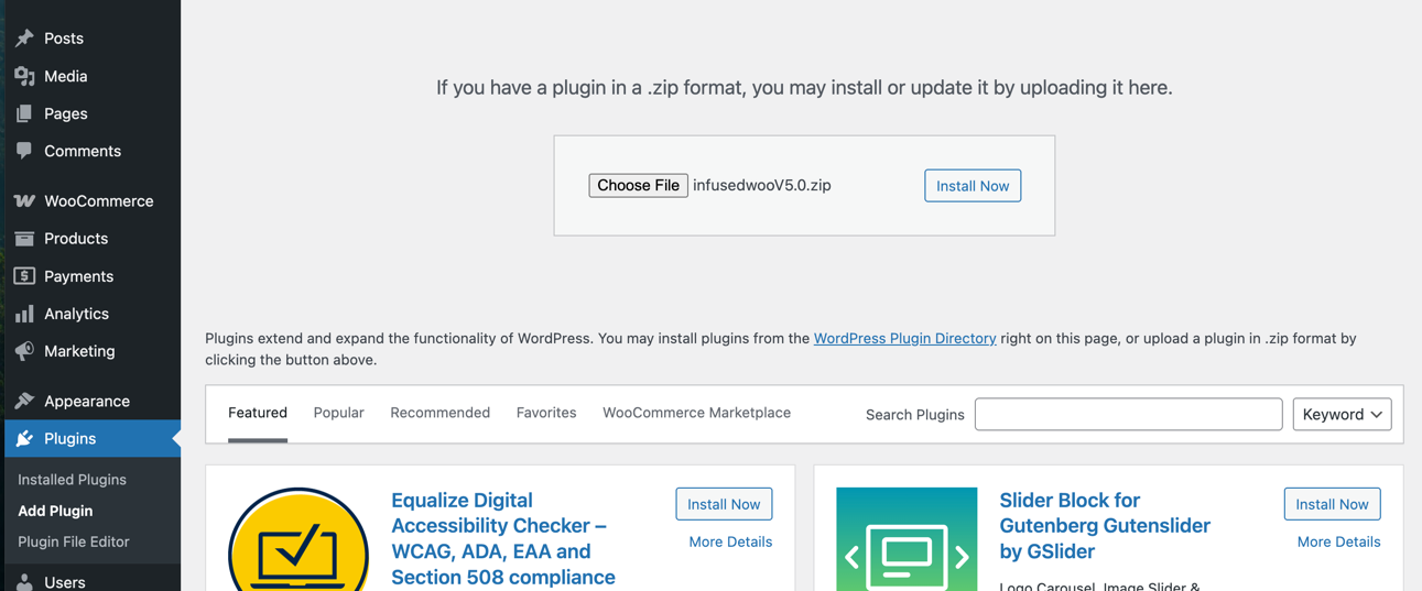 WordPress plugin upload page with InfusedWoo zip file selected