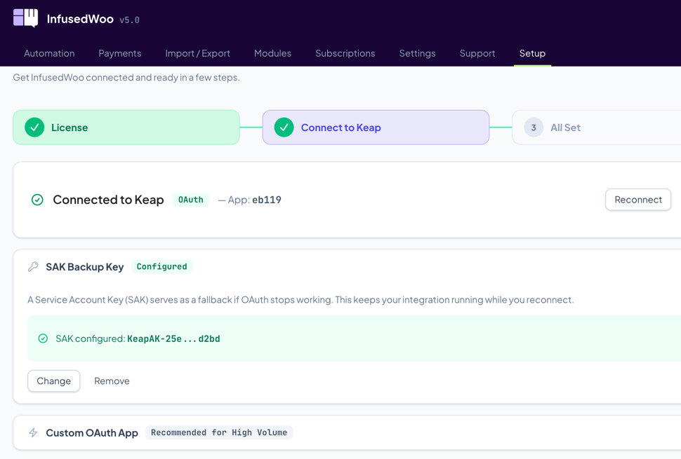 SAK configured state showing green check with masked key