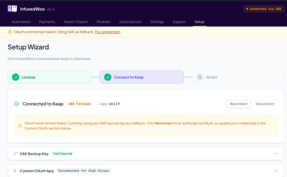 SAK fallback amber banner shown at the top of the page
