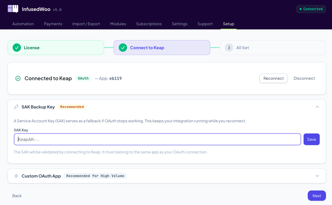 SAK Backup Key section expanded with the input field