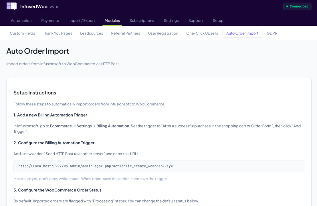 Auto Order Import settings page
