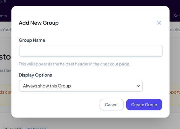 Adding a new field group with name and display condition settings