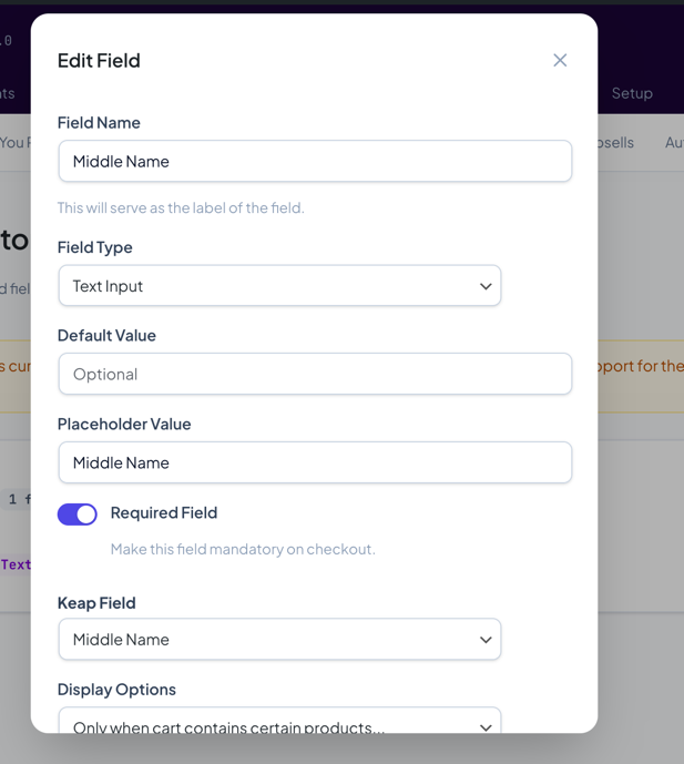 Field configuration panel showing type, label, and Keap mapping options