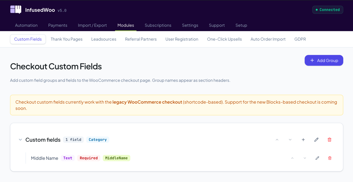Custom Fields page showing field groups with nested fields