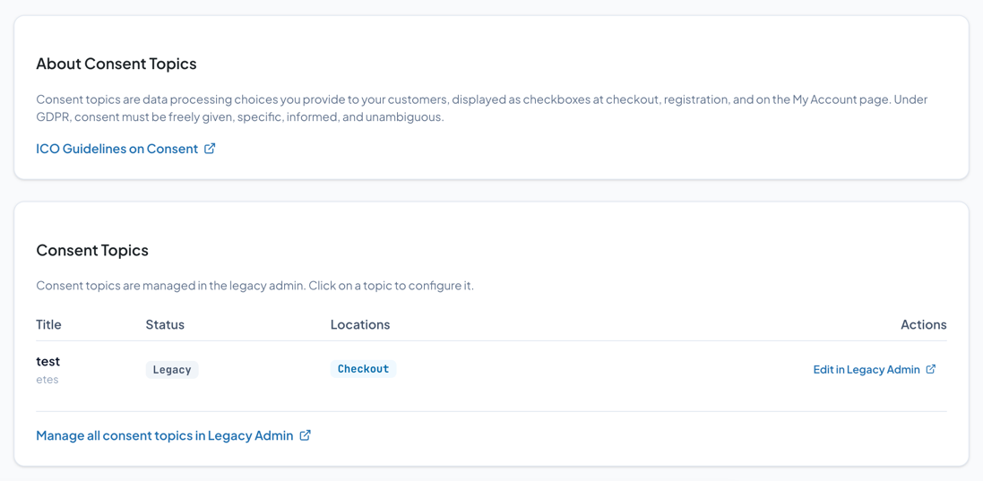 GDPR Consent Manager showing consent topics list