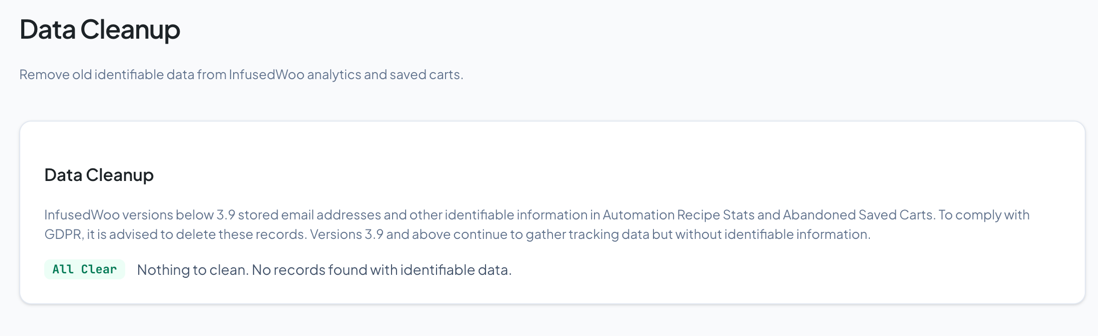 GDPR Cleanup page showing record count and cleanup button