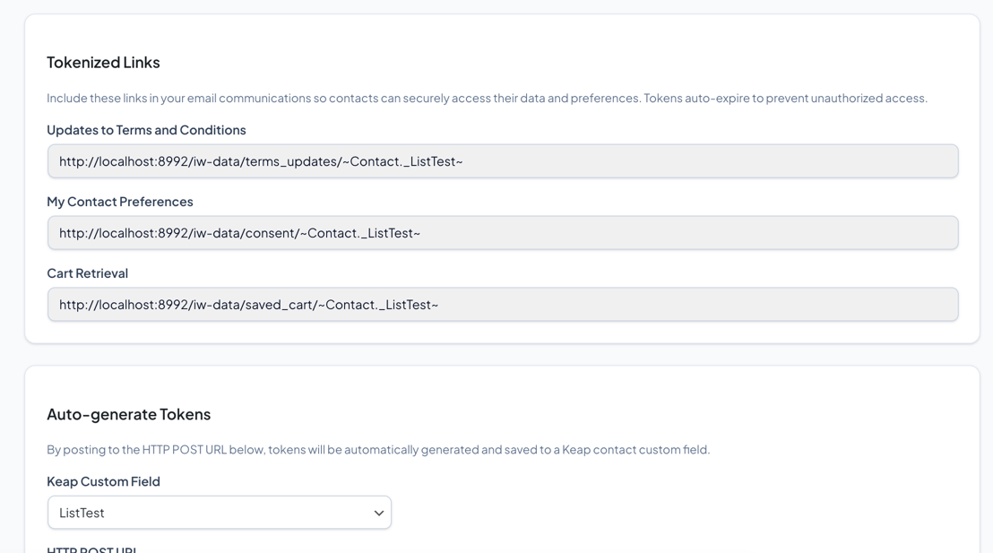 GDPR Tokenized Links settings page