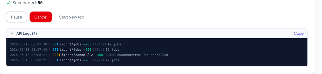 API Logs panel expanded showing the dark terminal-style log entries