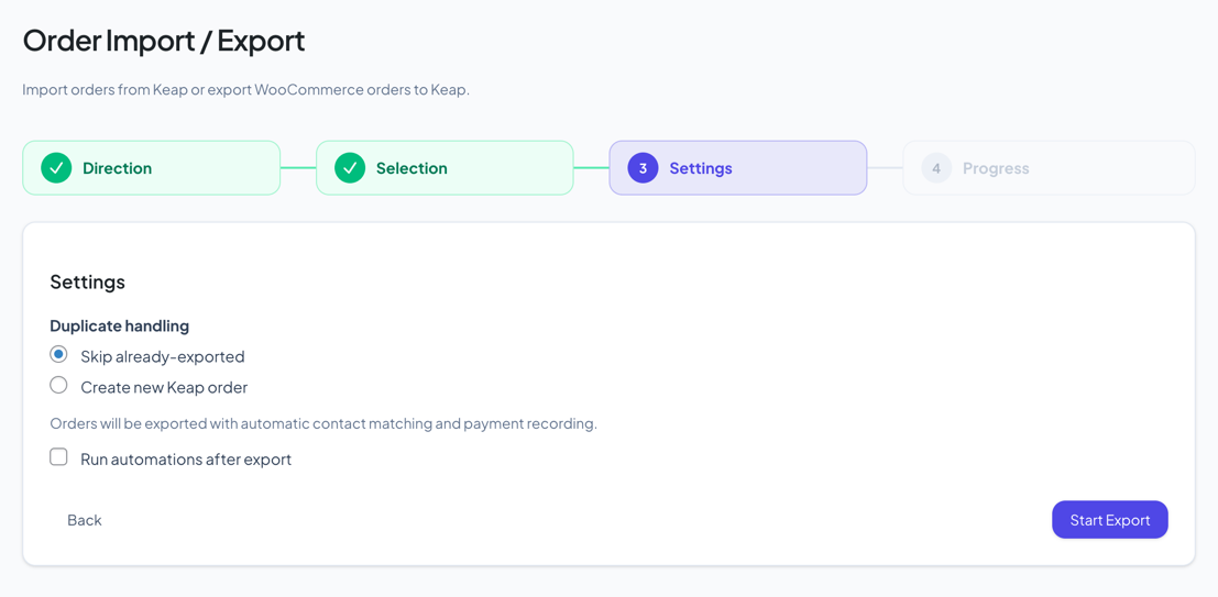 Order Export config step showing duplicate handling and run automations checkbox with the amber warning