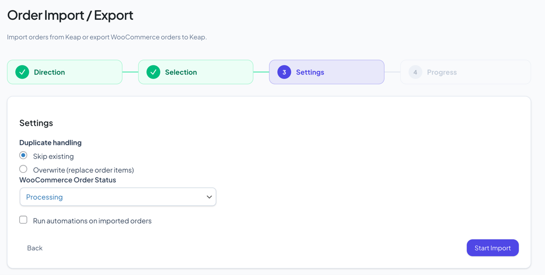 Order Import config step showing duplicate handling, status dropdown, and run automations checkbox