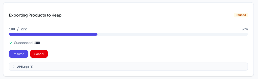 Progress step in paused state showing the Resume and Cancel buttons