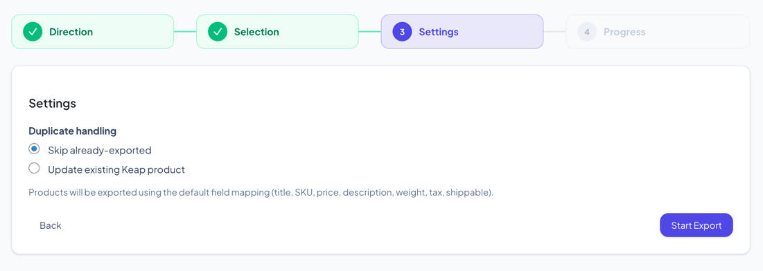 Product Export config step
