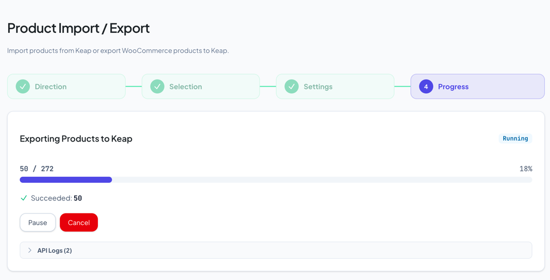 Progress step showing the progress bar at approximately 60%, succeeded/failed counts, and the Pause/Cancel buttons