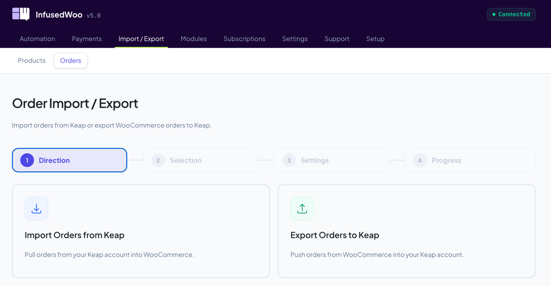Import/Export page showing the 4-step wizard at step 1 (Direction)