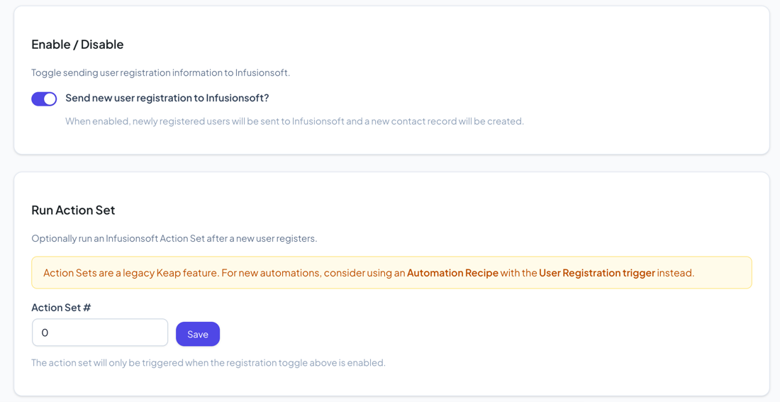 User Registration settings page