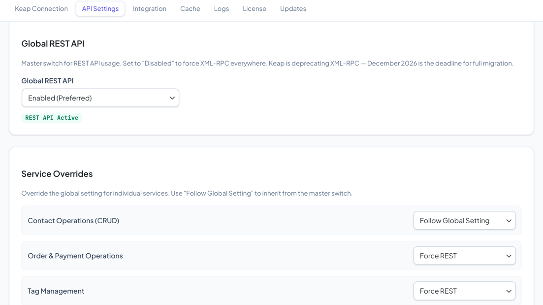 API Settings page showing the global switch and per-service toggles
