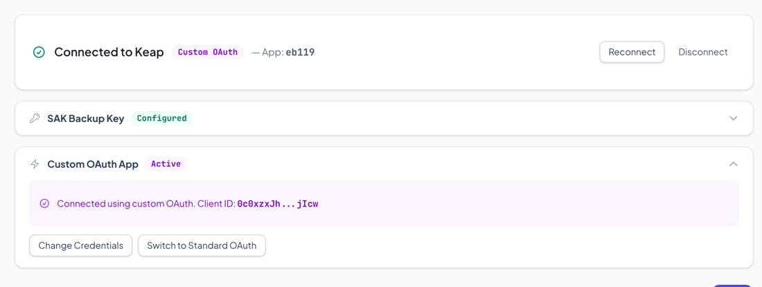 Connected state showing purple Custom OAuth badge