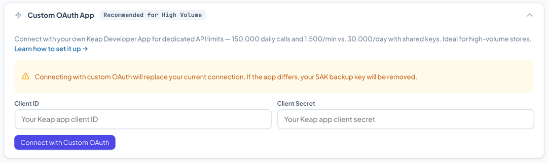 Custom OAuth section with Client ID and Secret fields filled in