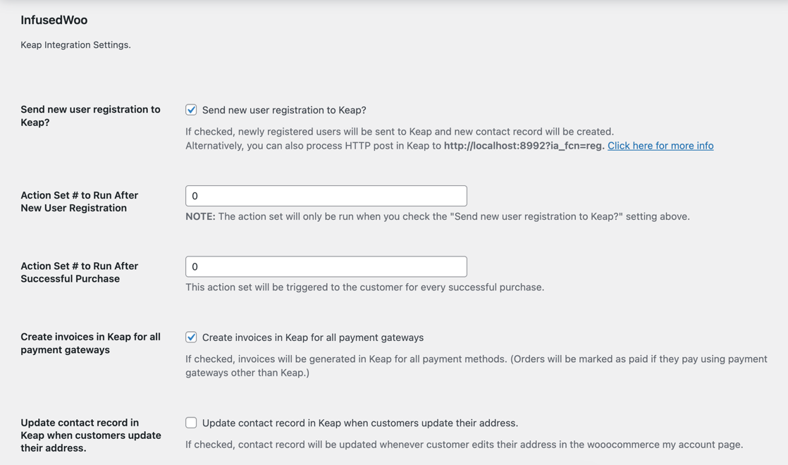 WooCommerce Integration settings page for InfusedWoo