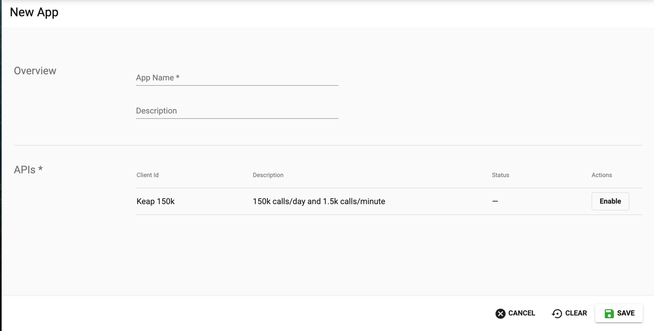 Keap Developer portal showing the New App form
