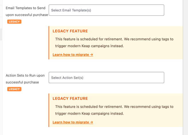 Product edit Keap tab showing a legacy badge on the Email Templates and Action Sets fields